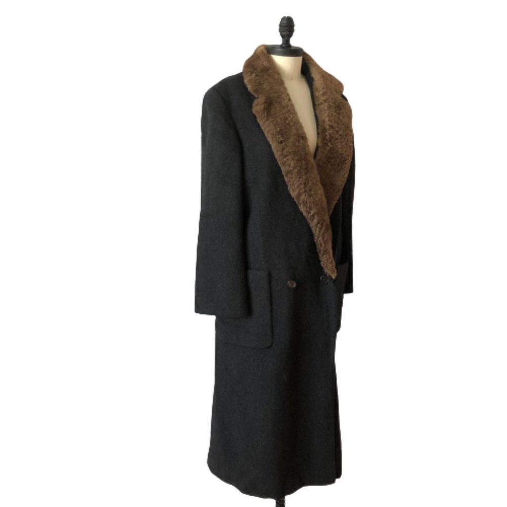Vintage Perry Ellis Gray 100% Wool Fur Collar Dark Academia Coat USA ILGWU Made - Picture 10 of 16